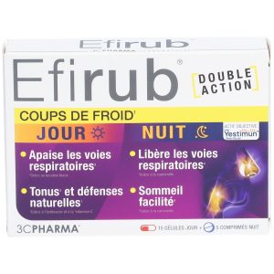 Box of Efriub Double Action cold relief, daytime and nighttime formula, with yellow day band and purple night panel; French text visible.