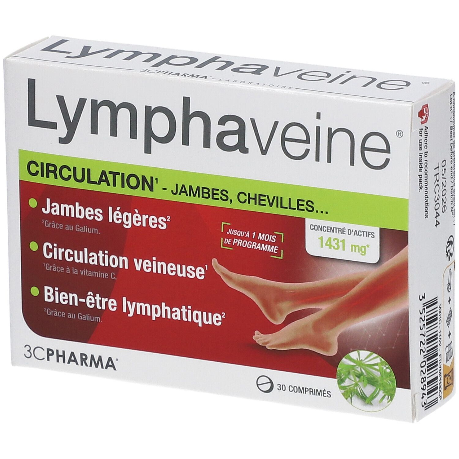 pharmatrocproductimage1781501830 | glasanté Box of Lymphaveine dietary supplement with green and red bands and French text about leg circulation (30 comprimés). | G-LaSanté