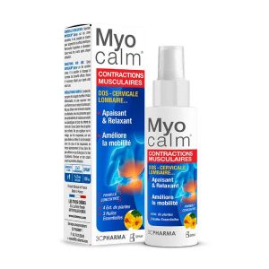 Myocalm muscle-relief spray and box, blue label with red banner 'Contractions Musculaires' indicating soothing, relaxing relief. | G-LaSanté