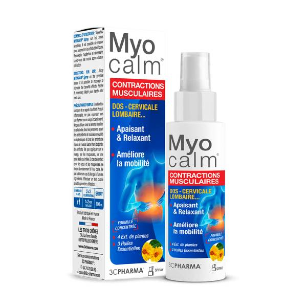 pharmatrocproductimage1781514232 | glasanté Myocalm muscle-relief spray and box, blue label with red banner 'Contractions Musculaires' indicating soothing, relaxing relief. | G-LaSanté