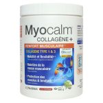 Bottle of Myocalm Collagène+ muscle support supplement with orange and blue label text visible on the front. | G-LaSanté