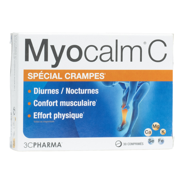 pharmatrocproductimage1781515230 | glasanté Box of Myocalm C cramps relief with orange band and blue panel, leg graphic and mineral icons shown on packaging, 3PHARMA | G-LaSanté