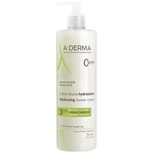 A-Derma hydrating shower cream bottle for fragile skin with pump top (750 ml) and green label.