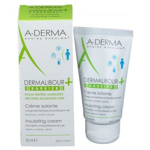 Box and tube of A-DERMA Dermalibour Barrier insulating cream, white with green accents, labeled for irritated skin; 50 ml, Made in France. | G-LaSanté