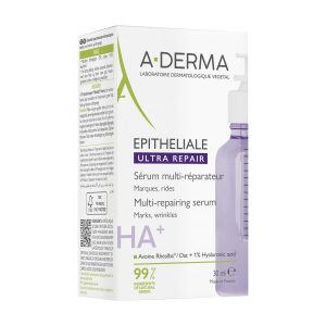 Skincare product box for A-DERMA Epithéliale Ultra Repair serum, with a purple-tinted bottle visible on the side.