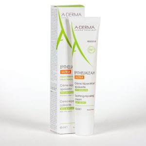 White tube of A-DERMA Epithe9lia A.H Ultra soothing repairing cream with green abstract logo and box, 40 ml. | G-LaSanté