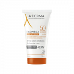 Tube of A-DERMA Exomega Control emollient solar cream with SPF 50+ and orange cap. | G-LaSanté