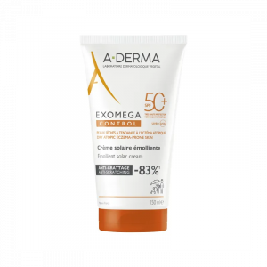 Tube of A-DERMA Exomega Control emollient solar cream with SPF 50+ and orange cap. | G-LaSanté