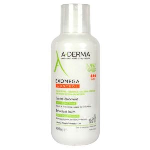 White A-DERMA Exomega Control emollient balm bottle with green and orange label, 400 ml, skin care product | G-LaSanté