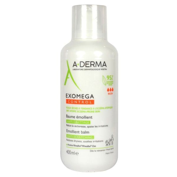 pharmatrocproductimage1781516859 | glasanté White A-DERMA Exomega Control emollient balm bottle with green and orange label, 400 ml, skin care product | G-LaSanté