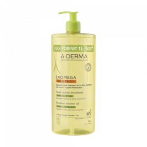 Yellow 1 L bottle of A-DERMA Exomega Control Emollient Shower Oil with a green pump. | G-LaSanté