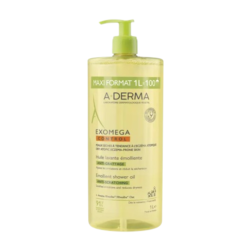 pharmatrocproductimage1781516965 | glasanté Yellow 1 L bottle of A-DERMA Exomega Control Emollient Shower Oil with a green pump. | G-LaSanté
