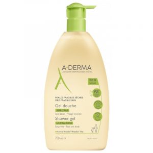 Pale beige A-DERMA shower gel bottle with a green pump, labeled Surgras Ultra-Rich, 750 ml | G-LaSanté