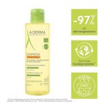Bottle of A-DERMA Exomega Control shower oil for dry, atopic-prone skin, with green promo icons: 97% less itching, biodegradable formula, recyclable bottle. | G-LaSanté